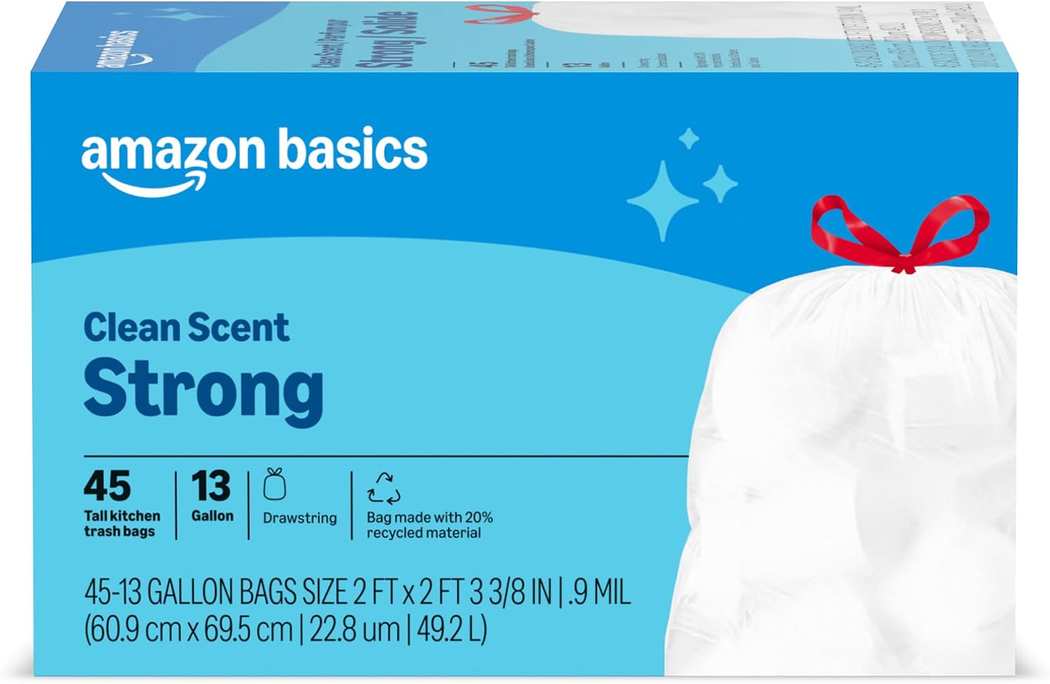 Basics Tall Kitchen Drawstring Trash Bags, Clean Scent, 13 Gallon, 45 Count,